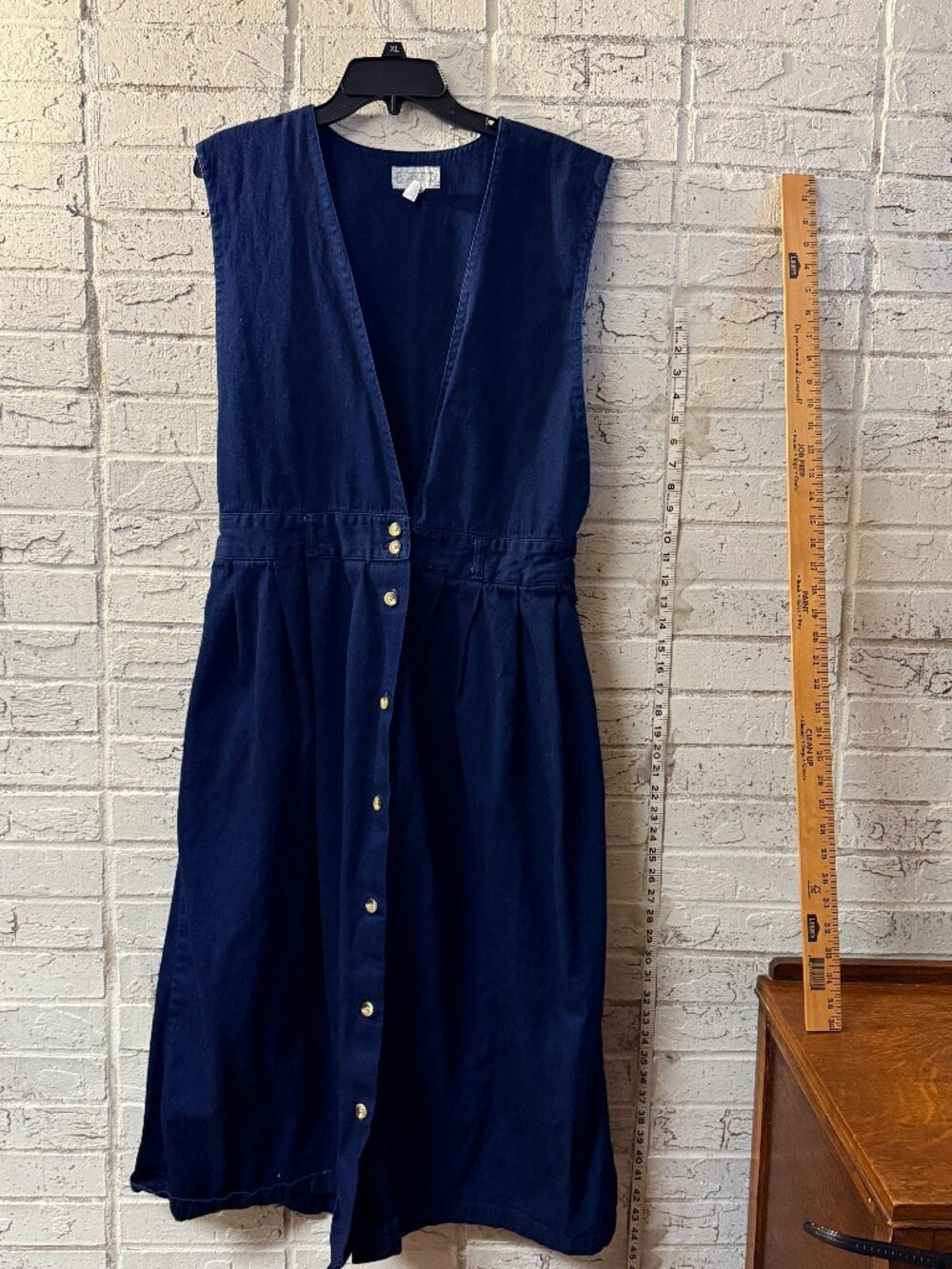 Vintage Lands End Womens 16 Denim Jumper Dress Dark Wash Button Front Midi